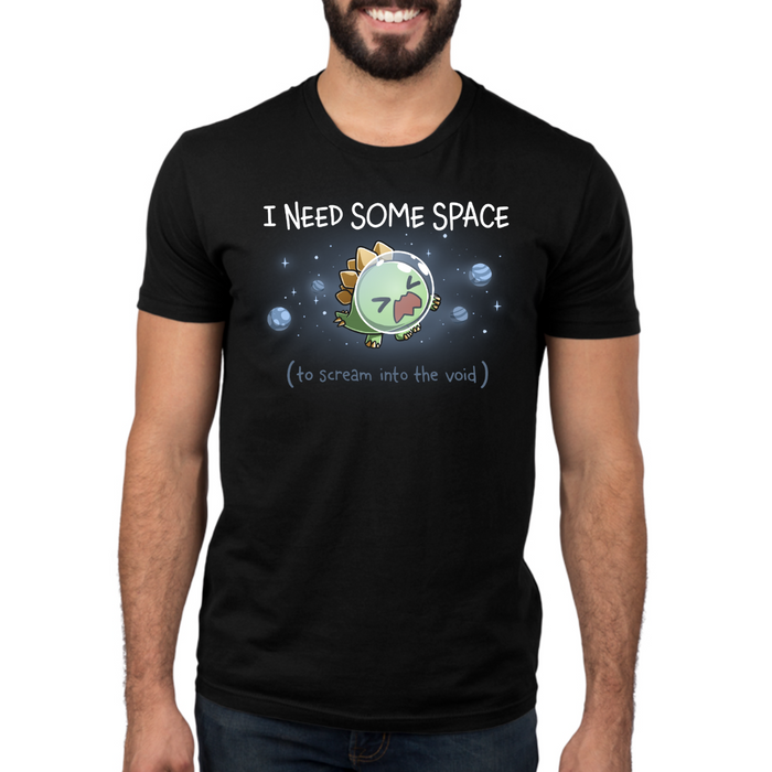 Premium Cotton T-shirt_TeeTurtle black I Need Some Space (To Scream into the Void) Premium Cotton T-shirt featuring an overwhelmed but cute stegosaurus astronaut with a space helmet, floating in space with the text "I Need Some Space (to scream into the void)"