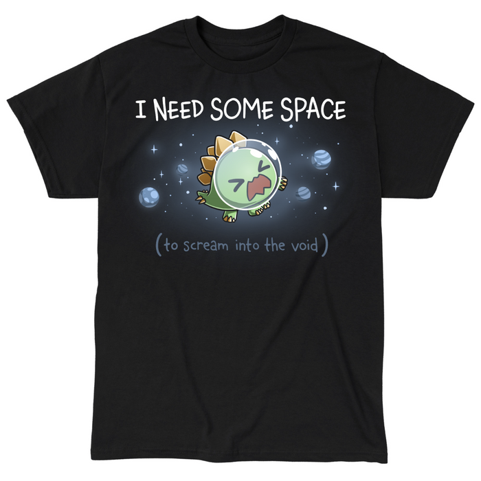 Classic Cotton T-shirt_TeeTurtle black I Need Some Space (To Scream into the Void) Classic Cotton T-shirt featuring an overwhelmed but cute stegosaurus astronaut with a space helmet, floating in space with the text "I Need Some Space (to scream into the void)"