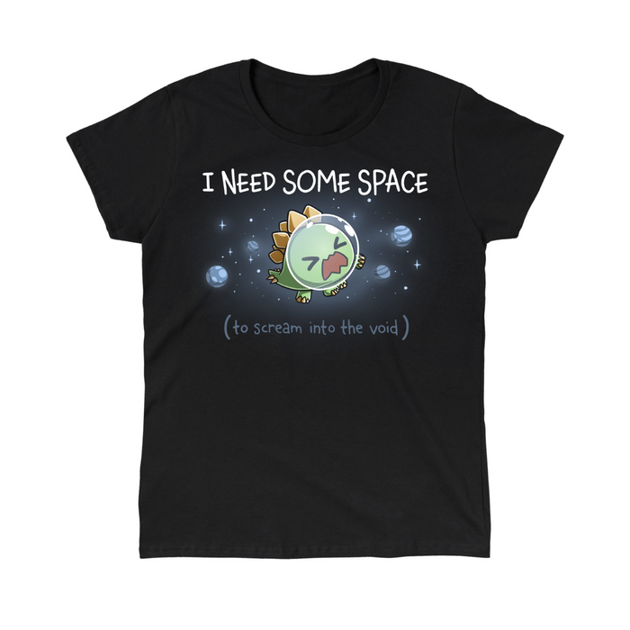 Classic Cotton T-shirt_TeeTurtle black I Need Some Space (To Scream into the Void) Classic Cotton T-shirt featuring an overwhelmed but cute stegosaurus astronaut with a space helmet, floating in space with the text "I Need Some Space (to scream into the void)"