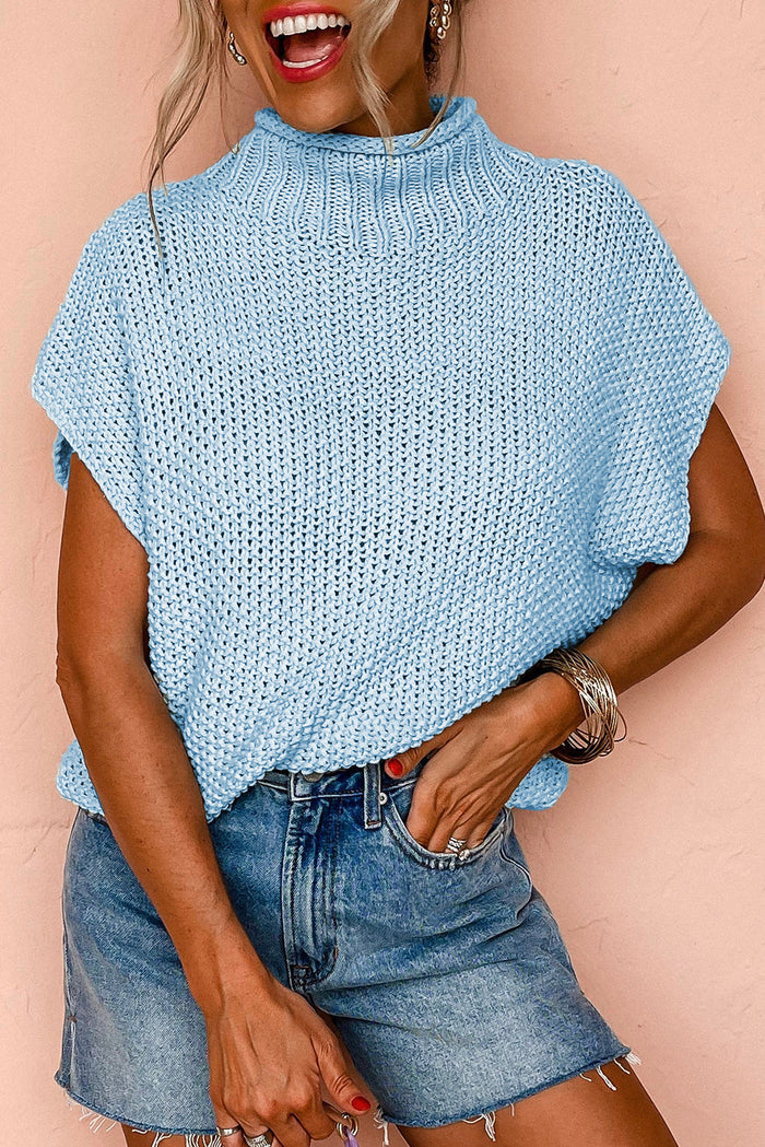 Iceland Blue High Neck Bat Short Sleeve Sweater - ICELAND BLUE / S / 60% COTTON + 40% ACRYLIC - Sweaters &