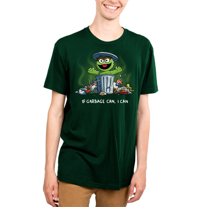 Premium Cotton T-shirt_TeeTurtle forest green If Garbage Can I Can Premium Cotton T-shirt featuring Oscar the Grouch from Sesame Street in his trash can, surrounded by garbage. He is raising his arms and smiling and the text below him reads "If Garbage Can, I Can."