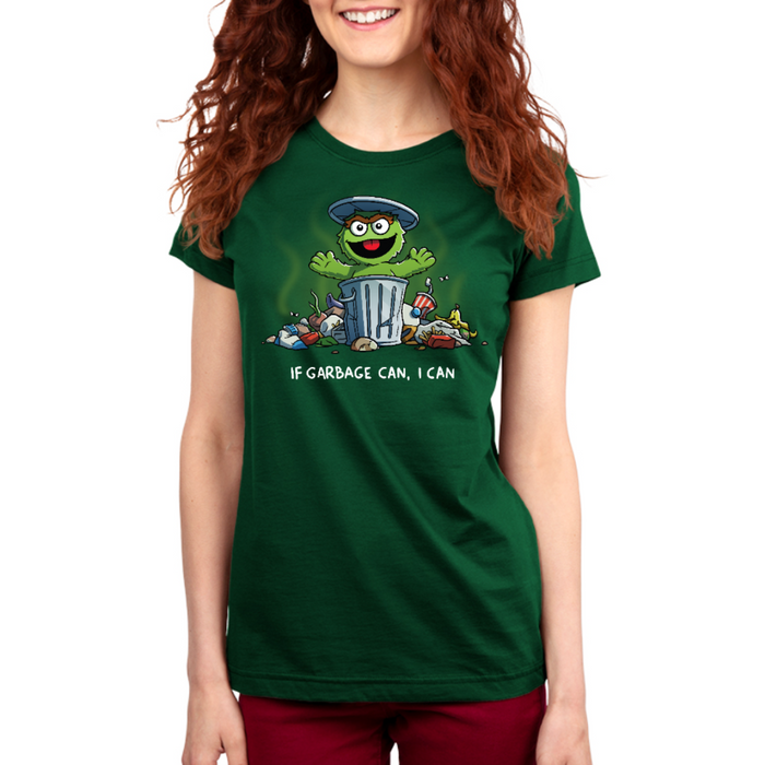 Premium Cotton T-shirt_TeeTurtle forest green If Garbage Can I Can Premium Cotton T-shirt featuring Oscar the Grouch from Sesame Street in his trash can, surrounded by garbage. He is raising his arms and smiling and the text below him reads "If Garbage Can, I Can."