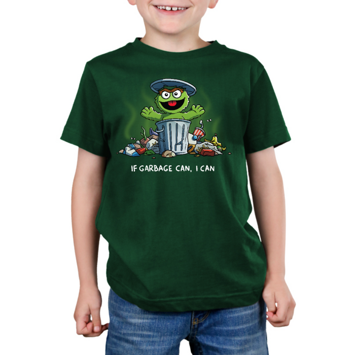 Premium Cotton T-shirt_TeeTurtle forest green If Garbage Can I Can Premium Cotton T-shirt featuring Oscar the Grouch from Sesame Street in his trash can, surrounded by garbage. He is raising his arms and smiling and the text below him reads "If Garbage Can, I Can."