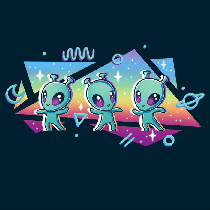 Premium Cotton T-shirt_TeeTurtle navy "Interstellar Pride" Premium Cotton T-shirt featuring three cut aliens dancing in front of geometric shapes filled with a rainbow gradient