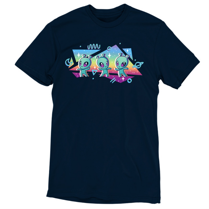 Premium Cotton T-shirt_TeeTurtle navy "Interstellar Pride" Premium Cotton T-shirt featuring three cut aliens dancing in front of geometric shapes filled with a rainbow gradient