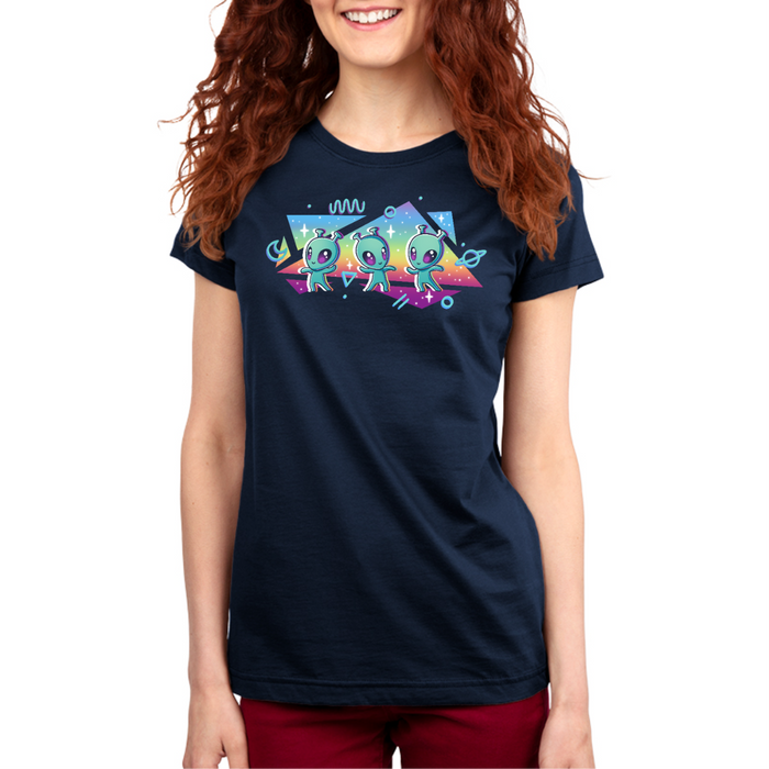 Premium Cotton T-shirt_TeeTurtle navy "Interstellar Pride" Premium Cotton T-shirt featuring three cut aliens dancing in front of geometric shapes filled with a rainbow gradient