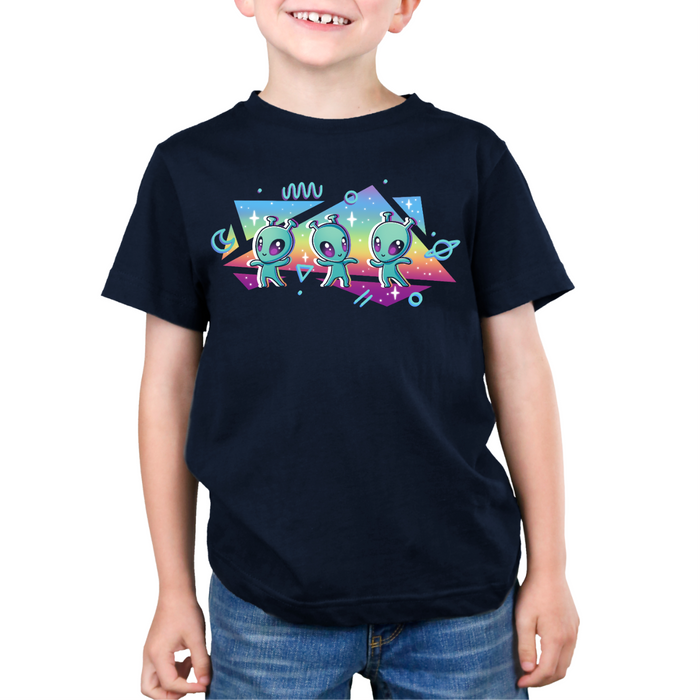Premium Cotton T-shirt_TeeTurtle navy "Interstellar Pride" Premium Cotton T-shirt featuring three cut aliens dancing in front of geometric shapes filled with a rainbow gradient