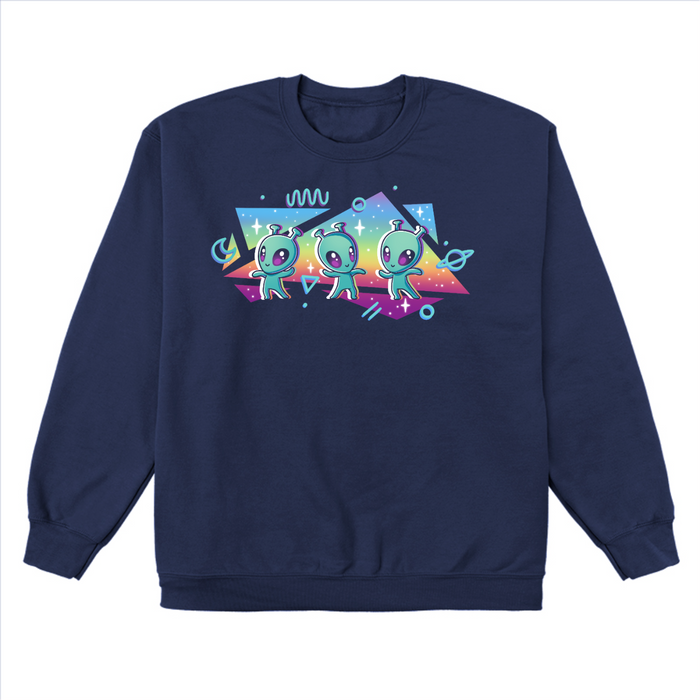 Crew Neck Sweatshirt_TeeTurtle navy "Interstellar Pride" Crew Neck Sweatshirt featuring three cut aliens dancing in front of geometric shapes filled with a rainbow gradient