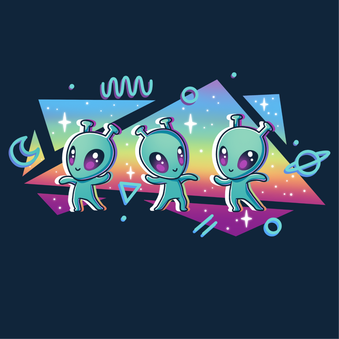 Long Sleeve T-shirt_TeeTurtle navy "Interstellar Pride" Long Sleeve T-shirt featuring three cut aliens dancing in front of geometric shapes filled with a rainbow gradient