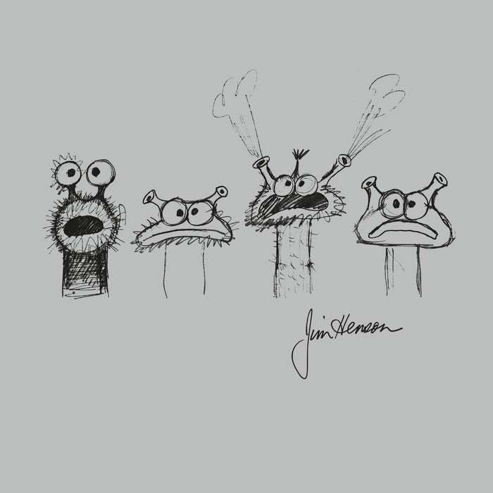Premium Cotton T-shirt_TeeTurtle silver gray Jim Henson Signature Collection apparel featuring four sketches of muppet-like creatures with Jim Henson’s signature on the bottom righthand corner.