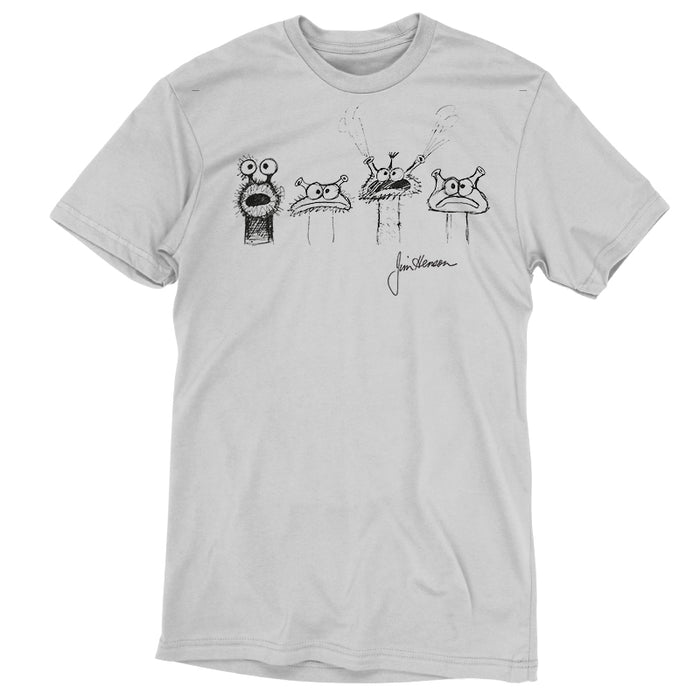 Premium Cotton T-shirt_TeeTurtle silver gray Jim Henson Signature Collection apparel featuring four sketches of muppet-like creatures with Jim Henson’s signature on the bottom righthand corner.