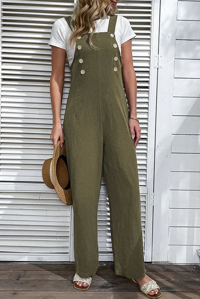 Jungle Green Solid Colour Buttoned Straight Leg Overall - S / 100% Polyester - Bottoms/Jumpsuits & Rompers