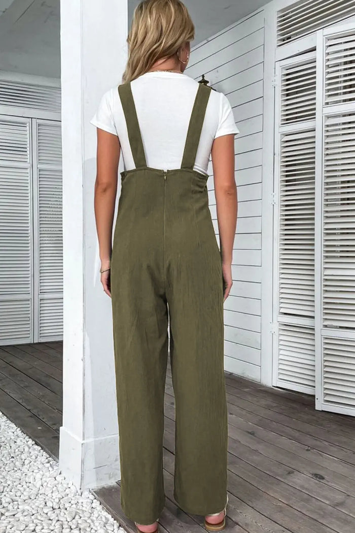Jungle Green Solid Colour Buttoned Straight Leg Overall - Bottoms/Jumpsuits & Rompers