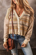 Khaki Buttoned V Neck Cropped Cardigan - KHAKI / S / 55% ACRYLIC + 45% COTTON - Sweaters & Cardigans/Cardigans