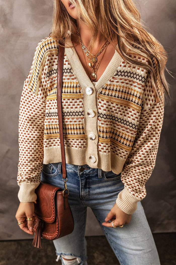 Khaki Buttoned V Neck Cropped Cardigan - KHAKI / S / 55% ACRYLIC + 45% COTTON - Sweaters & Cardigans/Cardigans