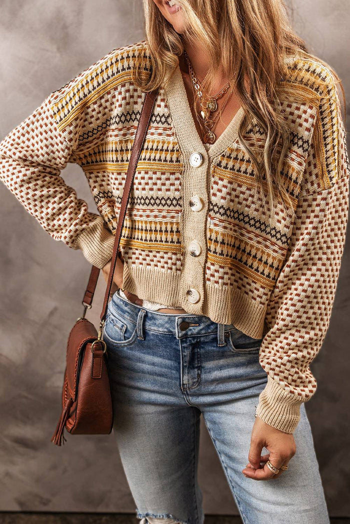 Khaki Buttoned V Neck Cropped Cardigan - Sweaters & Cardigans/Cardigans