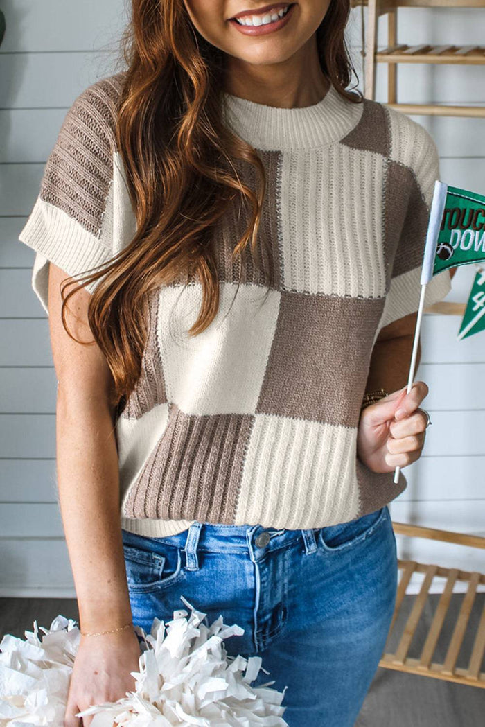 Khaki Checkered Colour Block Crew Neck Short Sleeve Sweater - KHAKI / S / 100% ACRYLIC - Sweaters & Cardigans/Short