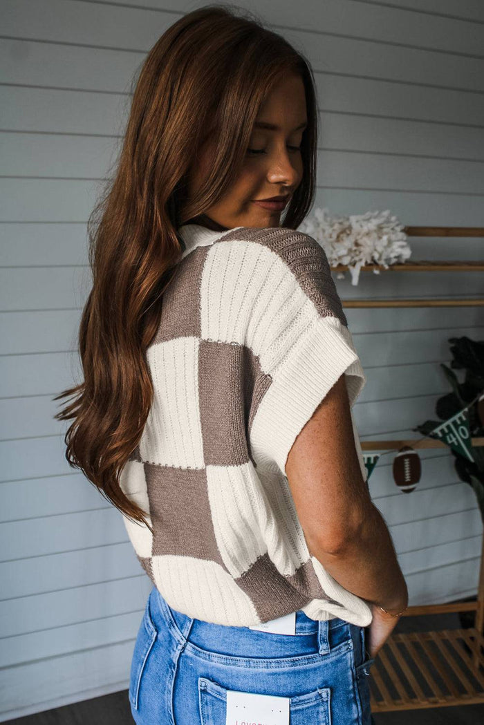 Khaki Checkered Colour Block Crew Neck Short Sleeve Sweater - Sweaters & Cardigans/Short