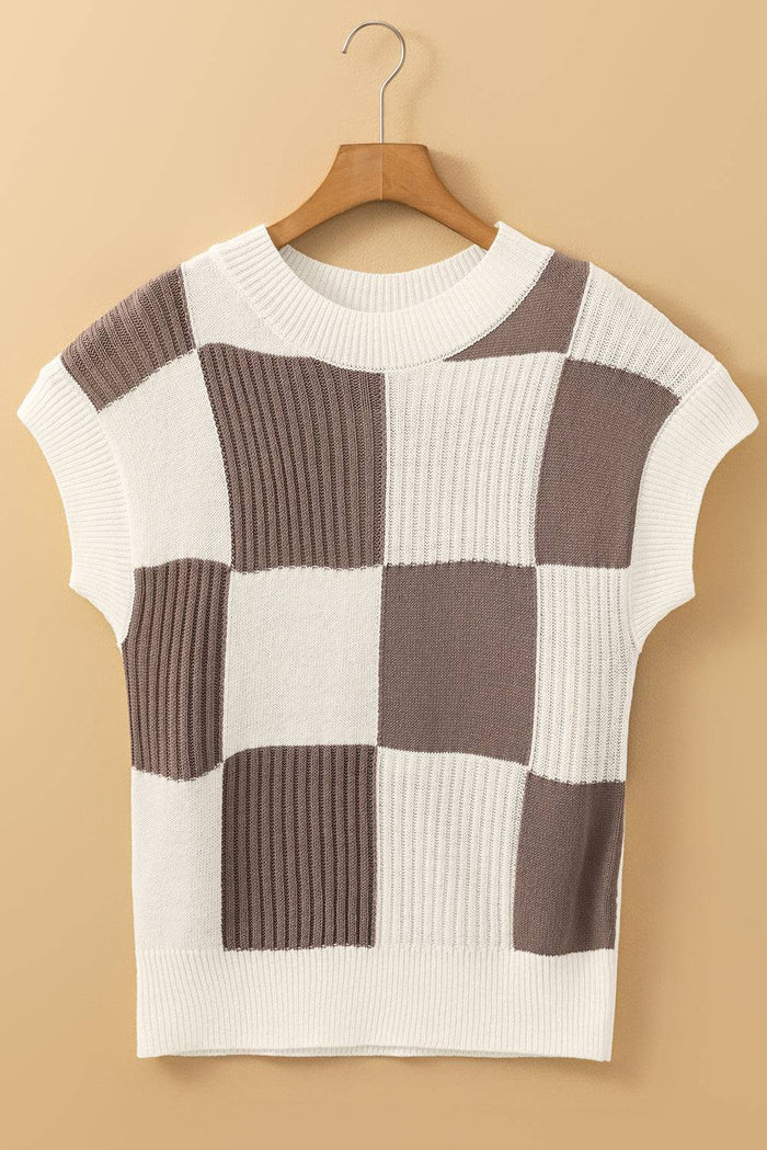 Khaki Checkered Colour Block Crew Neck Short Sleeve Sweater - Sweaters & Cardigans/Short