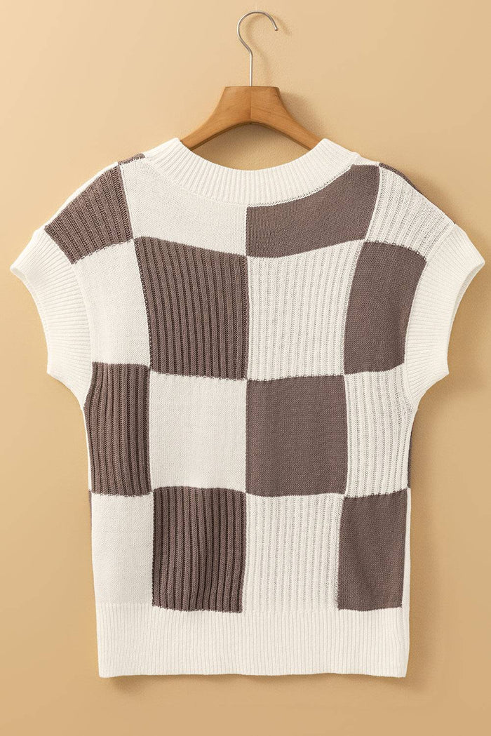 Khaki Checkered Colour Block Crew Neck Short Sleeve Sweater - Sweaters & Cardigans/Short