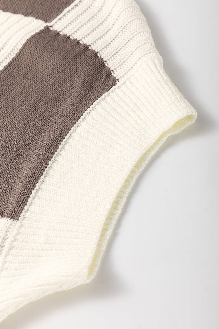Khaki Checkered Colour Block Crew Neck Short Sleeve Sweater - Sweaters & Cardigans/Short