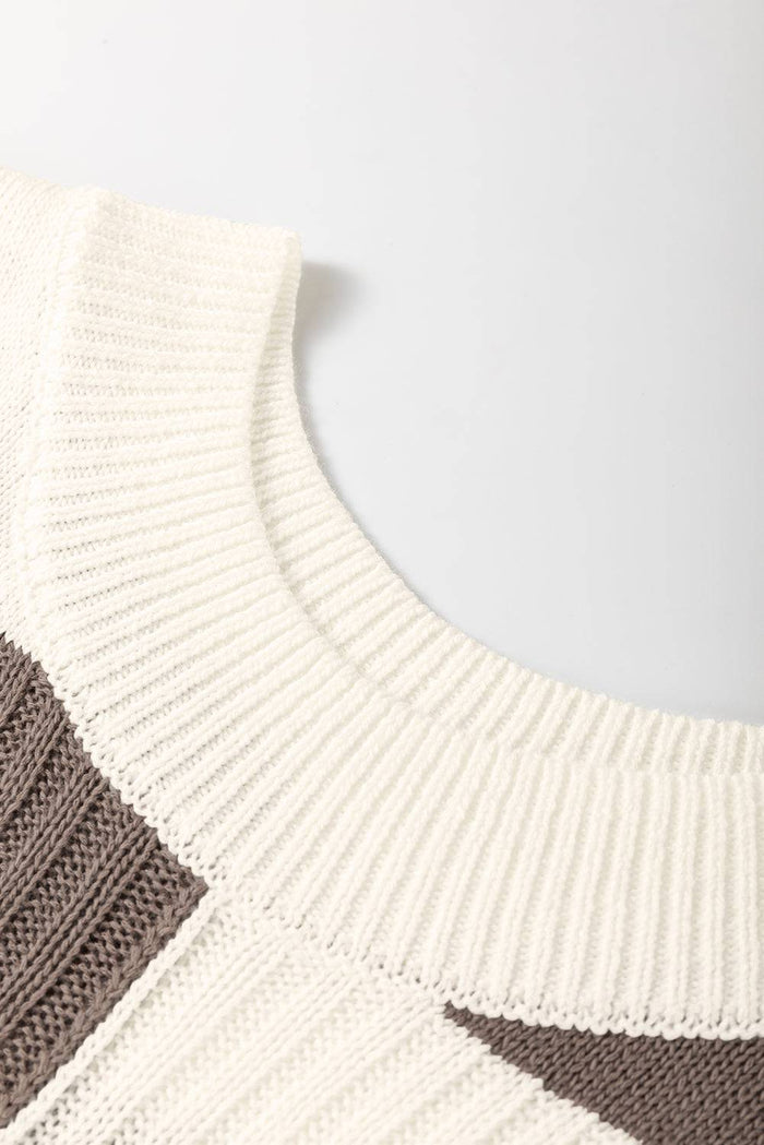 Khaki Checkered Colour Block Crew Neck Short Sleeve Sweater - Sweaters & Cardigans/Short
