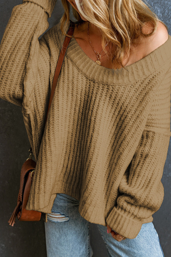 Khaki Ribbed Knit Round Neck Slouchy Chunky Sweater - APRICOT KHAKI / S / 100% ACRYLIC - Sweaters & Cardigans/Sweaters