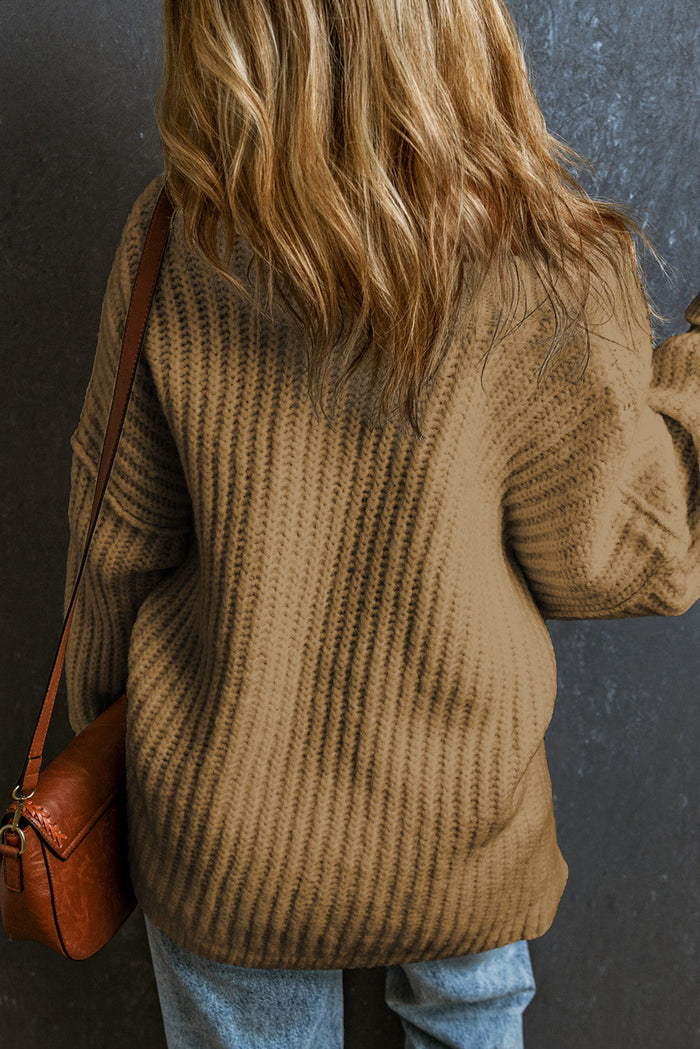 Khaki Ribbed Knit Round Neck Slouchy Chunky Sweater - Sweaters & Cardigans/Sweaters