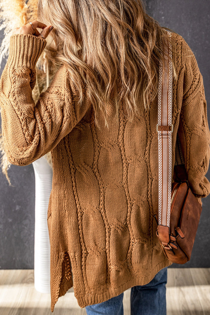 Khaki Ribbed Trim Eyelet Cable Knit Cardigan - Sweaters & Cardigans/Cardigans