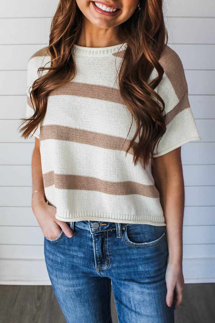 Khaki Stripe Dropped Short Sleeve Lightweight Knitted Top - KHAKI STRIPE / S / 50% VISCOSE + 28% POLYESTER + 22%