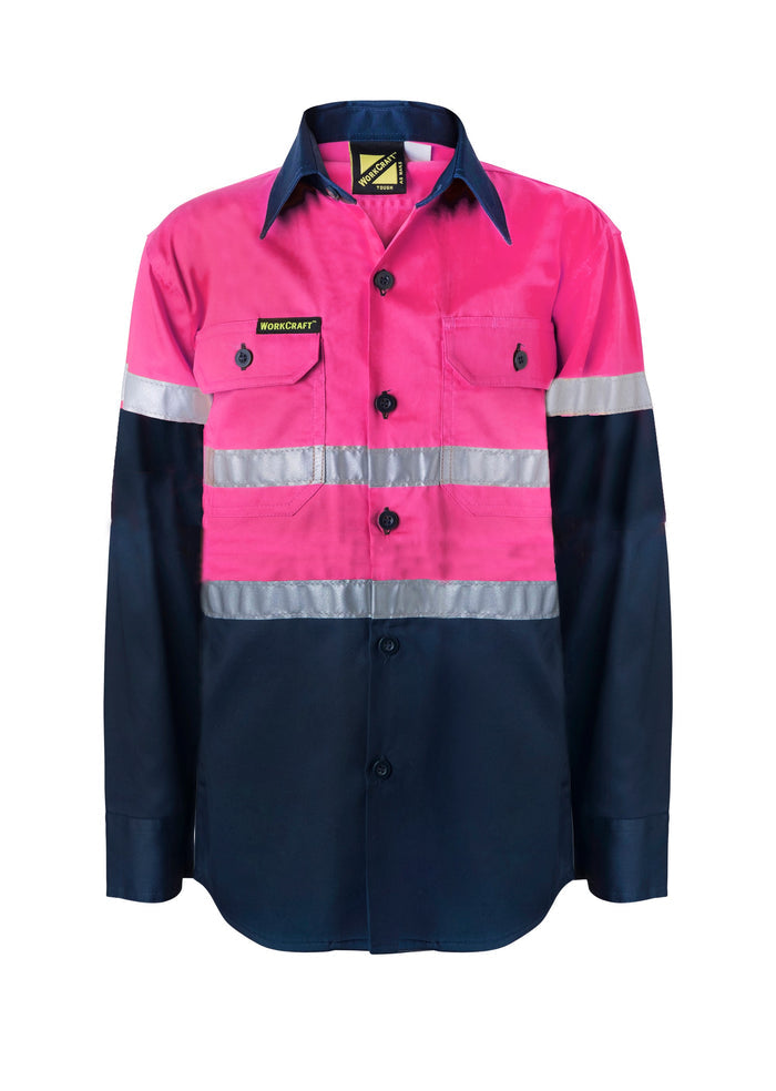 Kids Lightweight Two Tone Long Sleeve Cotton Drill Shirt With CSR Reflective Tape WSK129