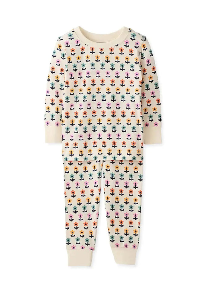 Kids Long John Pajama Set In HannaSoft - Flowers Ecru