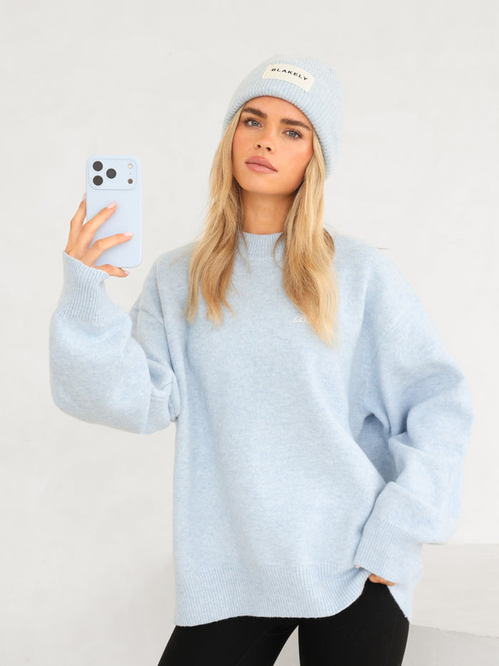 Label Knitted Beanie - Baby Blue