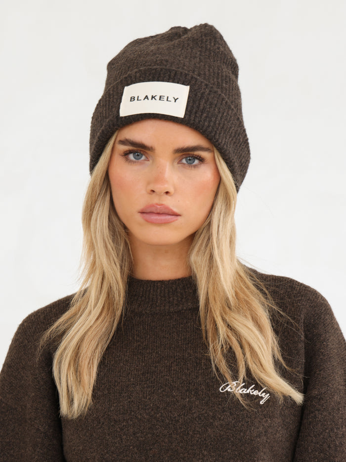 Label Knitted Beanie - Chocolate Brown