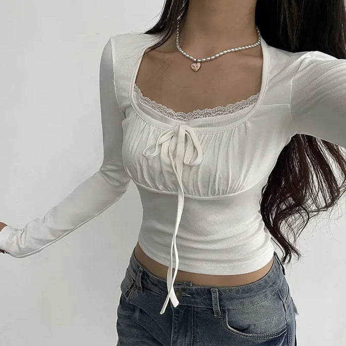 Lace Tie Long-sleeved Cute Top fashionnsio