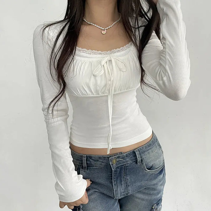 Lace Tie Long-sleeved Cute Top fashionnsio