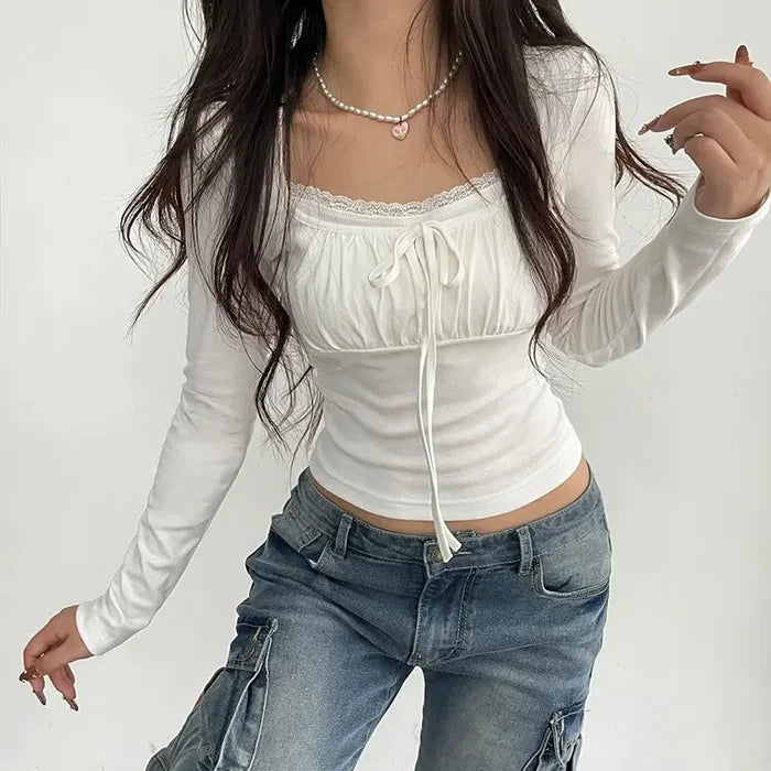 Lace Tie Long-sleeved Cute Top fashionnsio