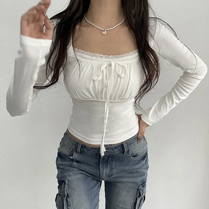 Lace Tie Long-sleeved Cute Top fashionnsio