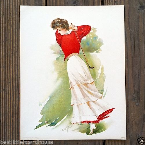 LADY GOLFER Victorian Lithograph Print 1908