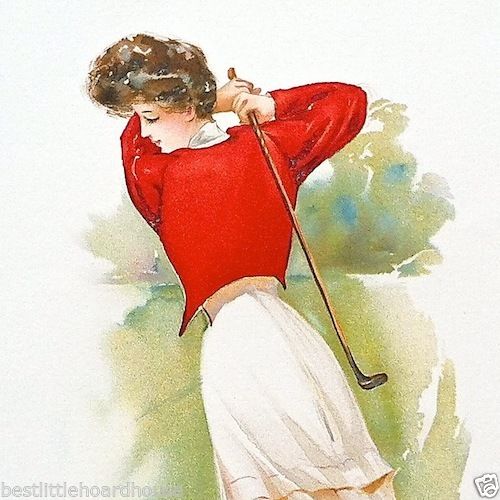 LADY GOLFER Victorian Lithograph Print 1908