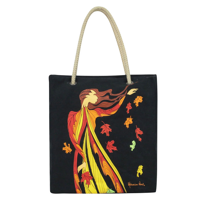 Tote bag with a colorful design of a woman and leaves on a black background