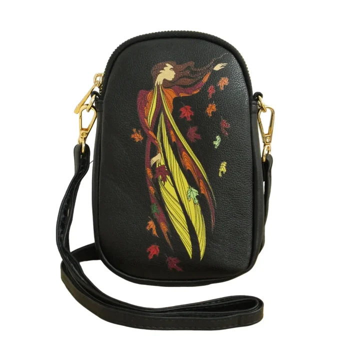 Leaf Dancer Phone Bag featuring artwork by Maxine Noel, showcasing autumn leaves and earthy tones.
