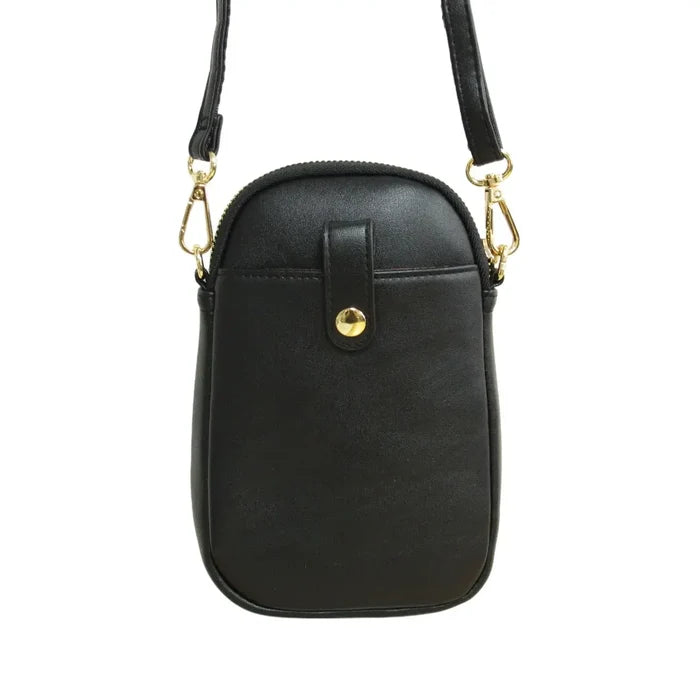 Leaf Dancer Phone Bag in sleek black synthetic leather with adjustable strap and gold hardware.