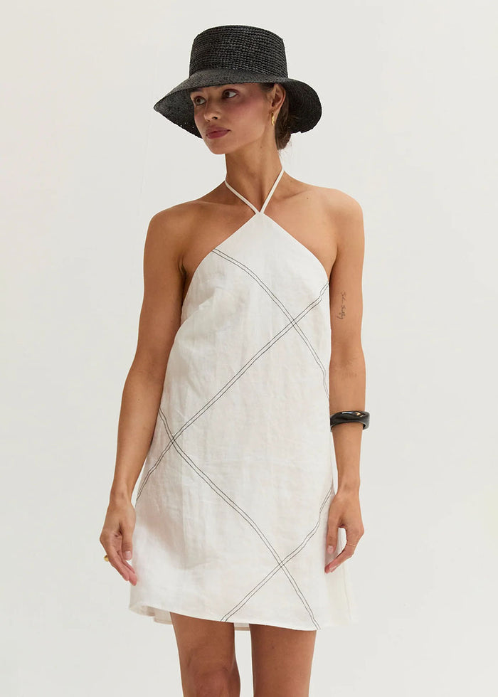 Lena Linen Stitch Halter Mini Dress - White