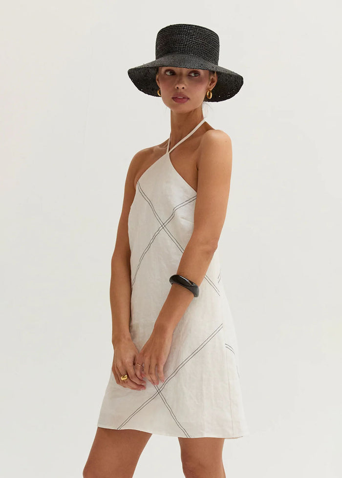Lena Linen Stitch Halter Mini Dress - White