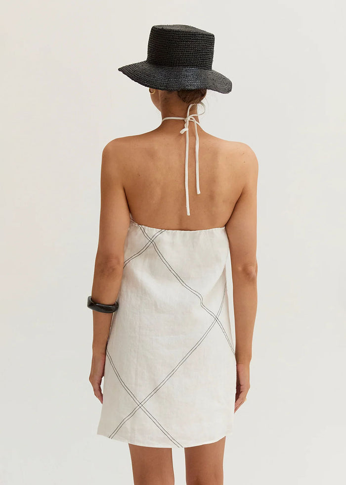 Lena Linen Stitch Halter Mini Dress - White