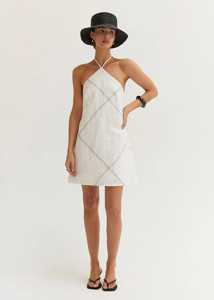 Lena Linen Stitch Halter Mini Dress - White