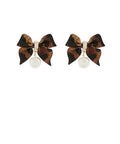 Leopard print leather bow earrings with faux pearl drop, photographed for The Pink Doxie Boutique.