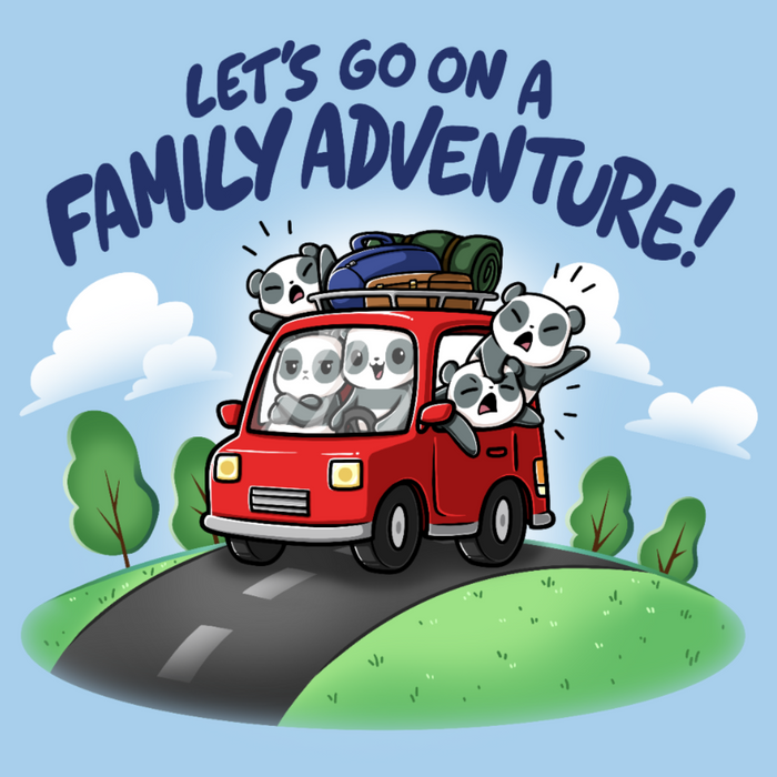 Premium Cotton T-shirt_TeeTurtle light blue Let's Go On A Family Adventure Premium Cotton T-shirt featuring the title text above a red car stuffed full of pandas and vacation gear, with the three backseat pandas leaning out the windows and yelling while the driver smiles and the passenger pouts.
