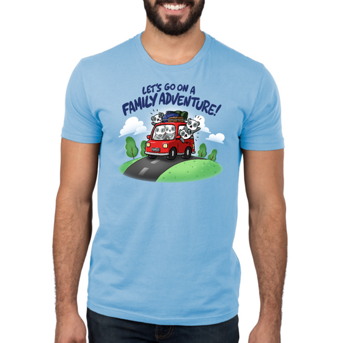 Premium Cotton T-shirt_TeeTurtle light blue Let's Go On A Family Adventure Premium Cotton T-shirt featuring the title text above a red car stuffed full of pandas and vacation gear, with the three backseat pandas leaning out the windows and yelling while the driver smiles and the passenger pouts.